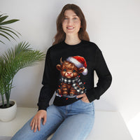 Cute Highland Cow Santa Hat Scarf Christmas Lights – Gildan Heavy Blend | Trendy Women’s Soft Sweatshirt. Direct to Garment. Printed & Shipped in the USA. Unisex Sizes.