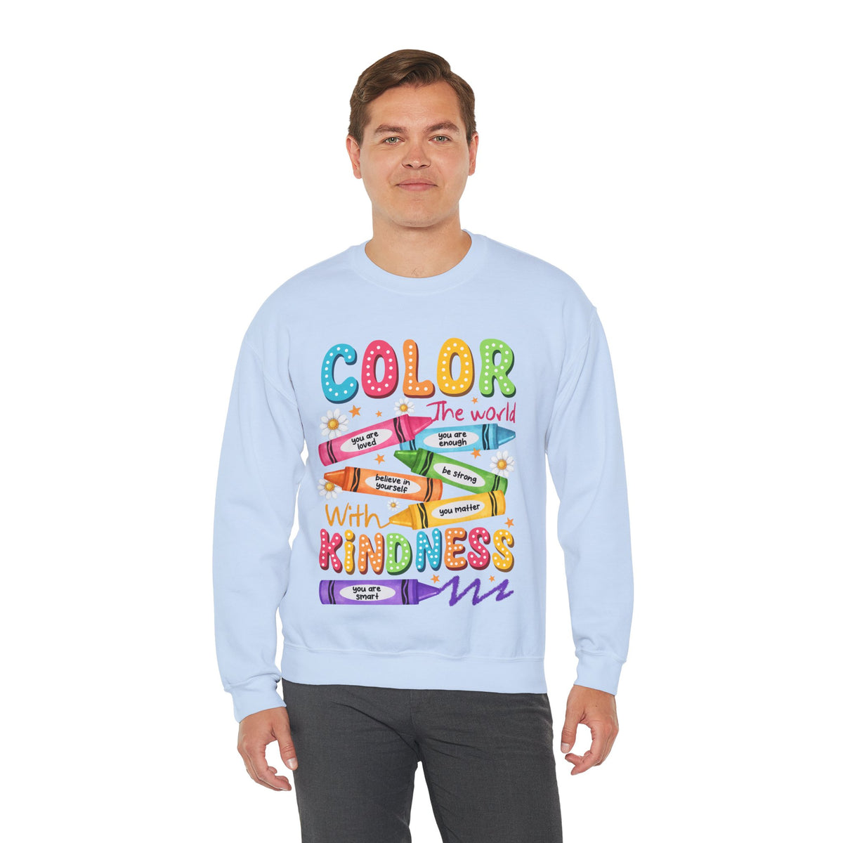 Color the World With Kindness Crayons, Great Teacher Gift – Gildan Heavy Blend | Trendy Women’s and Men's Soft Sweatshirt. Direct to Garment. Printed & Shipped in the USA. Unisex Sizes.