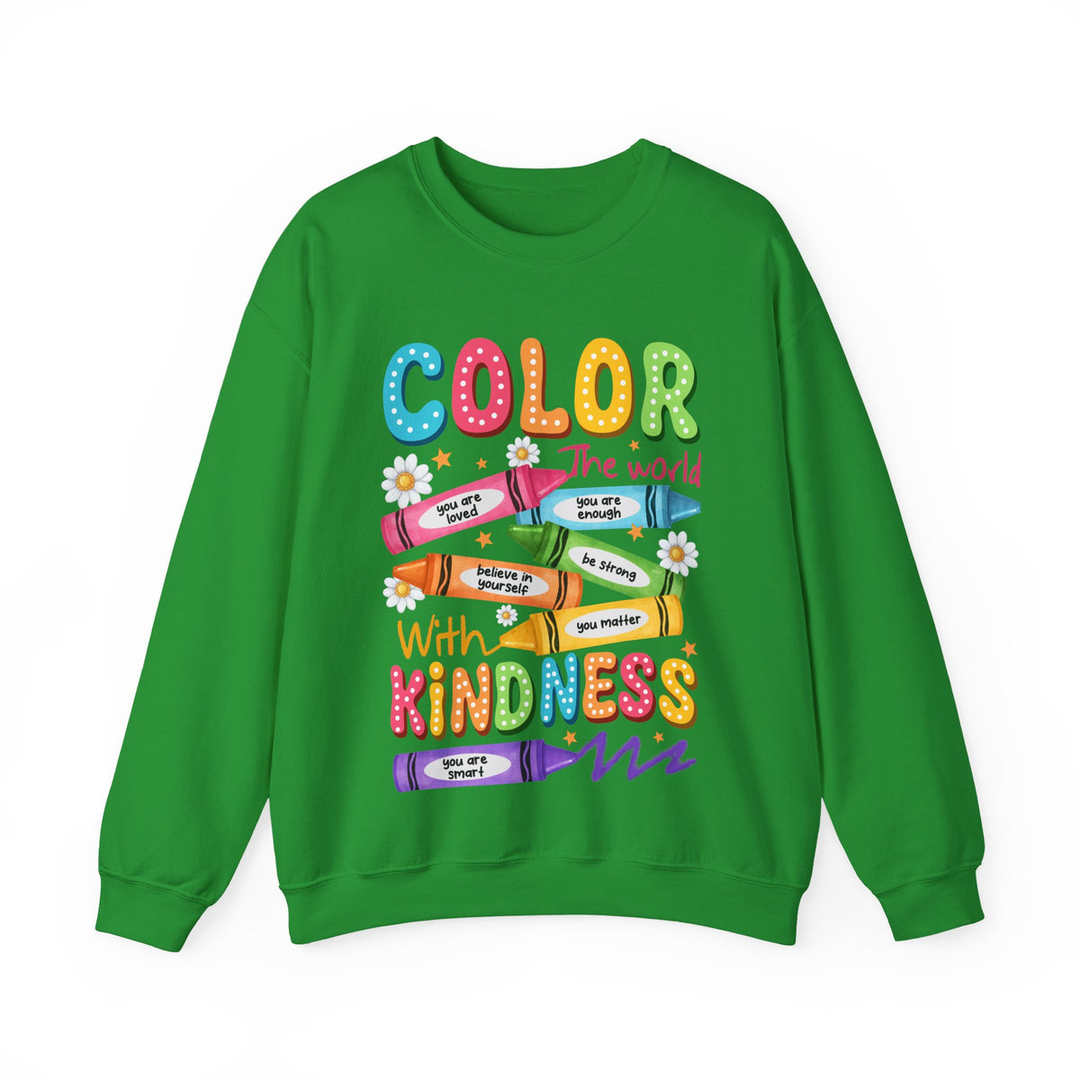 Color the World With Kindness Crayons, Great Teacher Gift – Gildan Heavy Blend | Trendy Women’s and Men's Soft Sweatshirt. Direct to Garment. Printed & Shipped in the USA. Unisex Sizes.