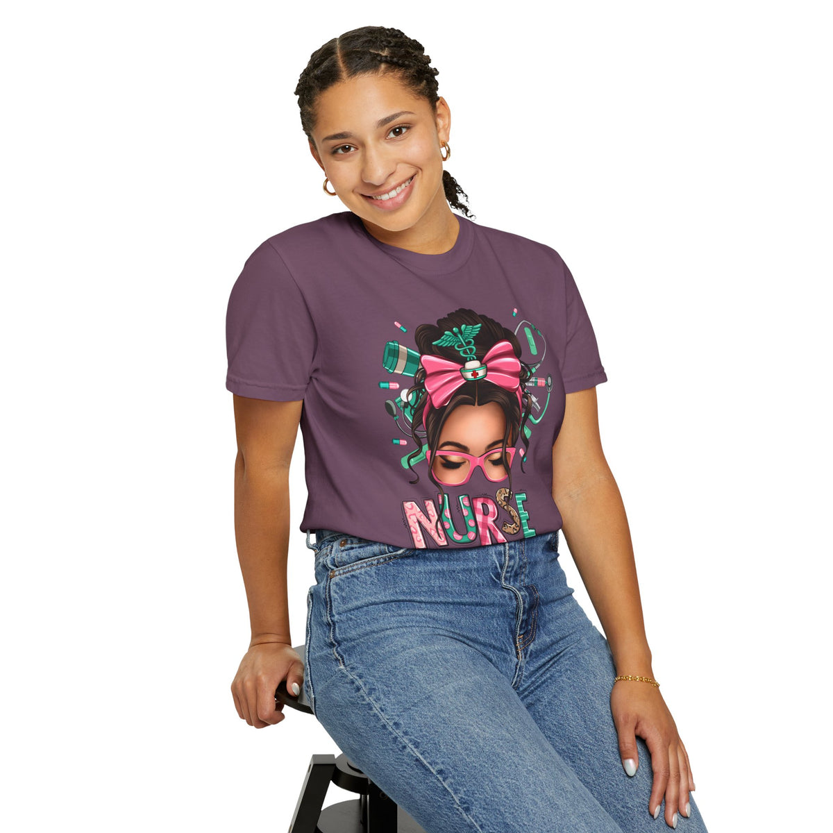 Nurse Life Messy Bun, Cute Stethoscope & Syringe - Comfort Colors | Trendy Women's T-Shirt. Direct to Garment. Printed & Shipped in the USA. Unisex Sizes.