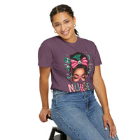 Nurse Life Messy Bun, Cute Stethoscope & Syringe - Comfort Colors | Trendy Women's T-Shirt. Direct to Garment. Printed & Shipped in the USA. Unisex Sizes.