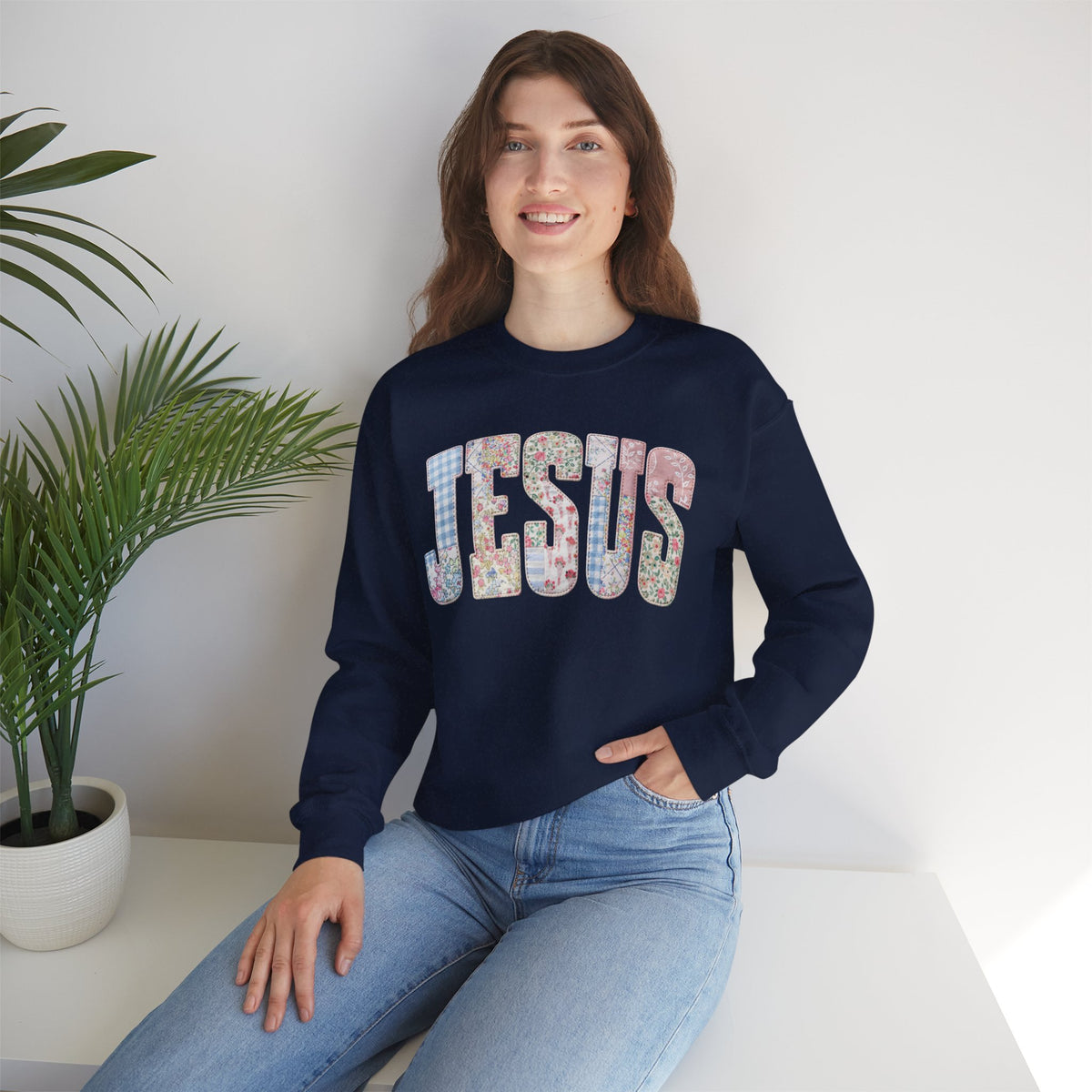 Jesus faux Patchwork – Gildan Heavy Blend | Trendy Women’s Soft Sweatshirt. Direct to Garment. Printed & Shipped in the USA. Unisex Sizes.