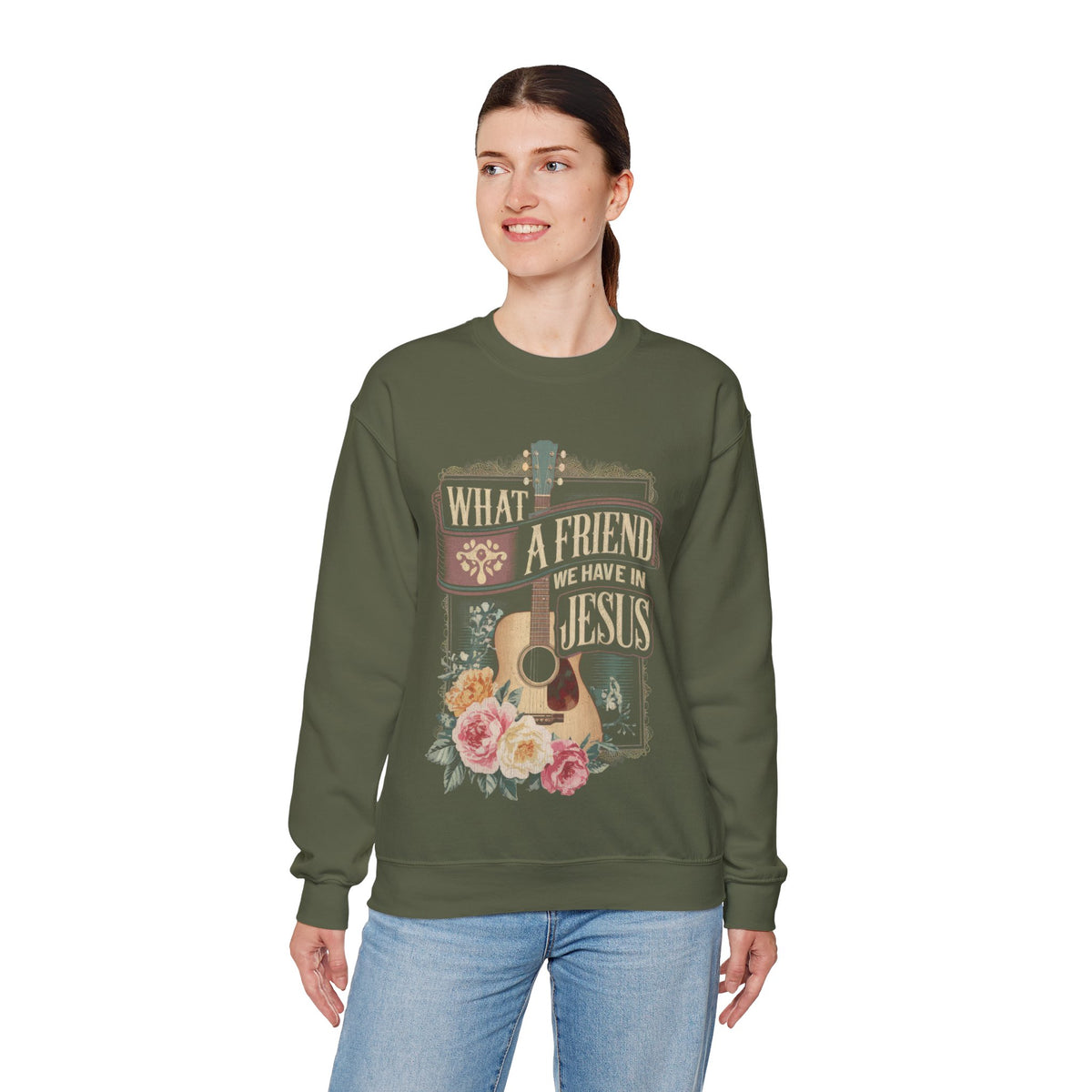 What a Friend We Have in Jesus, Guitar Vintage – Gildan Heavy Blend | Trendy Women’s Soft Sweatshirt. Direct to Garment. Printed & Shipped in the USA. Unisex Sizes.