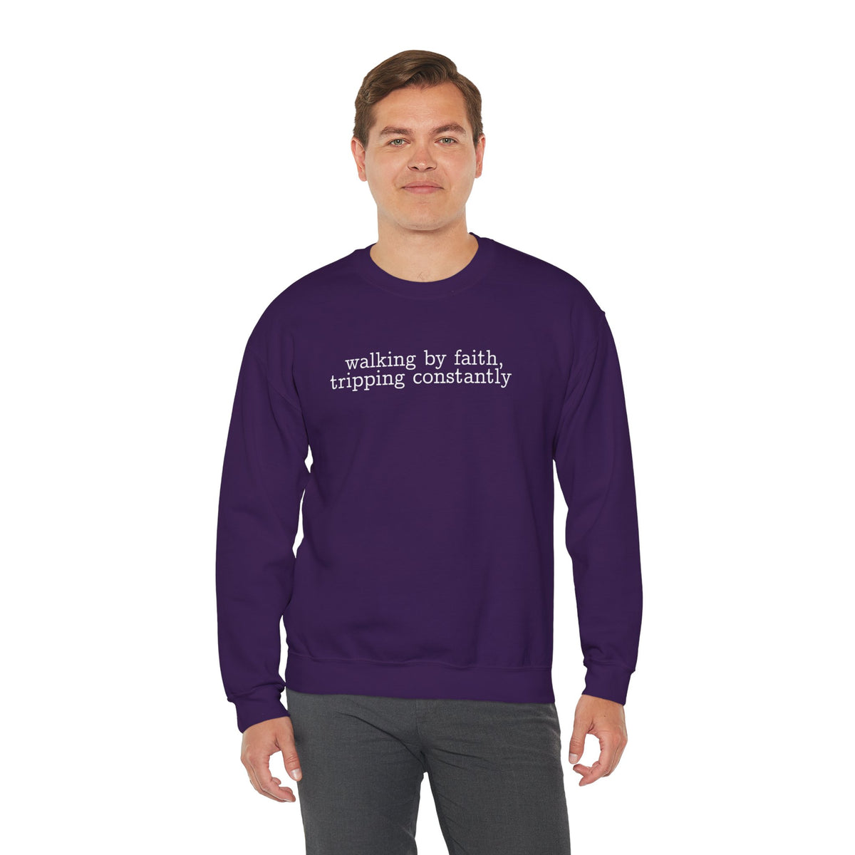 Walking By Faith, Tripping Constantly - Minimalist Design – Gildan Heavy Blend | Trendy Men's and Women’s Soft Sweatshirt. Direct to Garment. Printed & Shipped in the USA. Unisex Sizes.