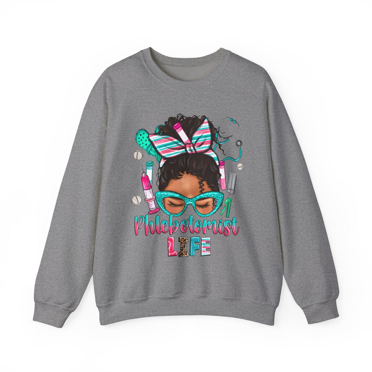 Phlebotomist Life, Messy Bun – Gildan Heavy Blend | Trendy Women’s Soft Sweatshirt. Direct to Garment. Printed & Shipped in the USA. Unisex Sizes.