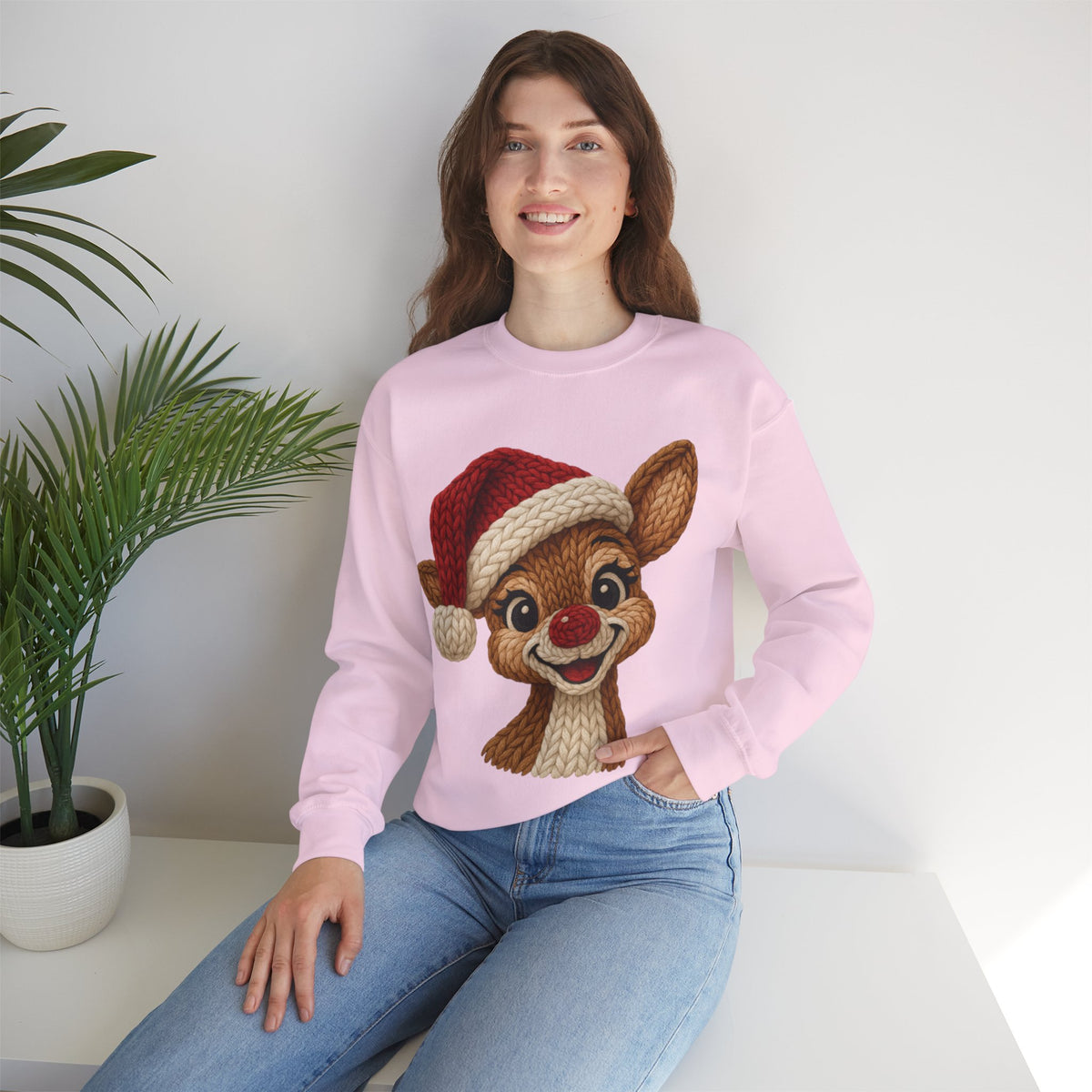 Cute Rudolph Faux Knit Look Reindeer w/Santa Hat – Gildan Heavy Blend | Trendy Women’s Soft Sweatshirt. Direct to Garment. Printed & Shipped in the USA. Unisex Sizes.