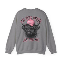 Head Heffa Highland Cow, Front & Back Print – Gildan Heavy Blend | Trendy Women’s Soft Sweatshirt. Direct to Garment. Printed & Shipped in the USA. Unisex Sizes.