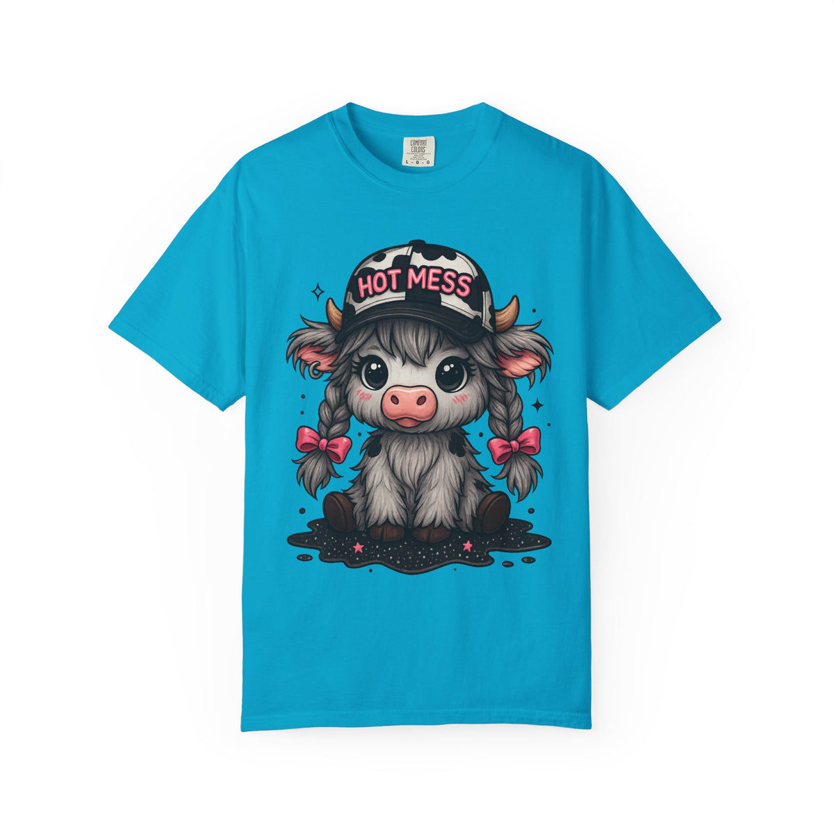 Cute Highland Cow 'Hot Mess' In Braids  - Comfort Colors | Trendy Women's T-Shirt. Direct to Garment. Printed & Shipped in the USA. Unisex Sizes.