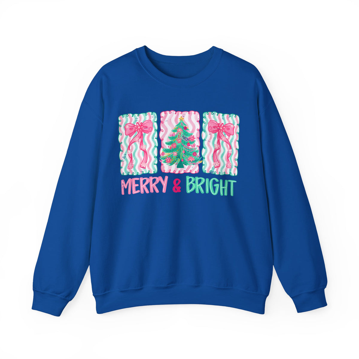 Merry & Bright Christmas - Pink & Green Holiday Tree Design – Gildan Heavy Blend | Trendy Women’s Soft Sweatshirt. Direct to Garment. Printed & Shipped in the USA. Unisex Sizes.