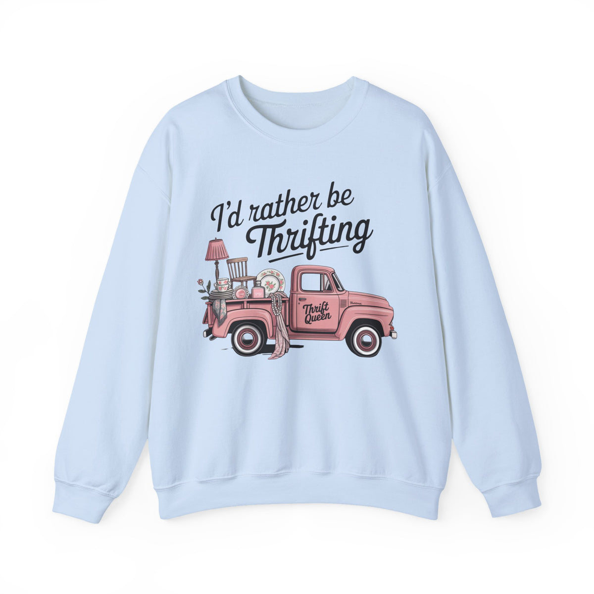 I'd Rather Be Thrifting. Pink Vintage Truck – Gildan Heavy Blend | Trendy Women’s Soft Sweatshirt. Direct to Garment. Printed & Shipped in the USA. Unisex Sizes.