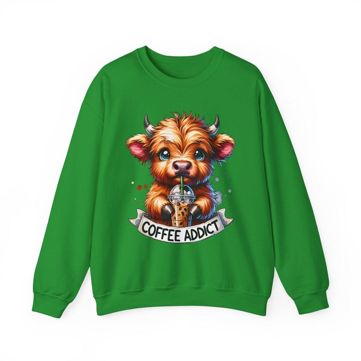 Coffee Addict Highland Cow Drinking Iced Coffee – Gildan Heavy Blend | Trendy Women’s Soft Sweatshirt. Direct to Garment. Printed & Shipped in the USA. Unisex Sizes.