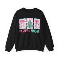 Merry & Bright Christmas - Pink & Green Holiday Tree Design – Gildan Heavy Blend | Trendy Women’s Soft Sweatshirt. Direct to Garment. Printed & Shipped in the USA. Unisex Sizes.