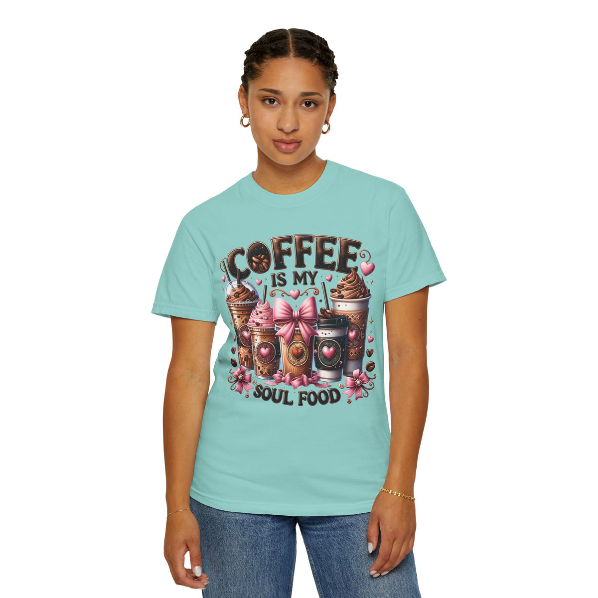 Coffee Is My Soul Food, Iced Coffee, Pink Bow - Comfort Colors | Trendy Women's T-Shirt. Direct to Garment. Printed & Shipped in the USA. Unisex Sizes.