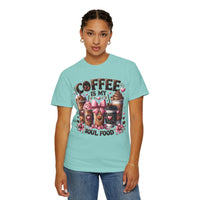 Coffee Is My Soul Food, Iced Coffee, Pink Bow - Comfort Colors | Trendy Women's T-Shirt. Direct to Garment. Printed & Shipped in the USA. Unisex Sizes.