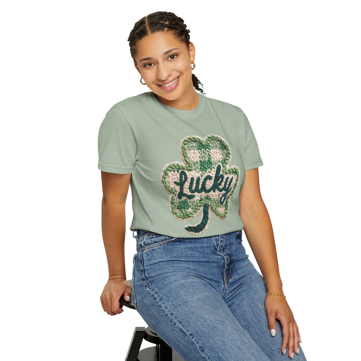 Lucky Shamrock Faux Knit - Comfort Colors | Trendy Men's and Women's T-Shirt. Direct to Garment. Printed & Shipped in the USA. Unisex Sizes.