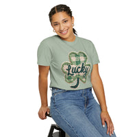 Lucky Shamrock Faux Knit - Comfort Colors | Trendy Men's and Women's T-Shirt. Direct to Garment. Printed & Shipped in the USA. Unisex Sizes.