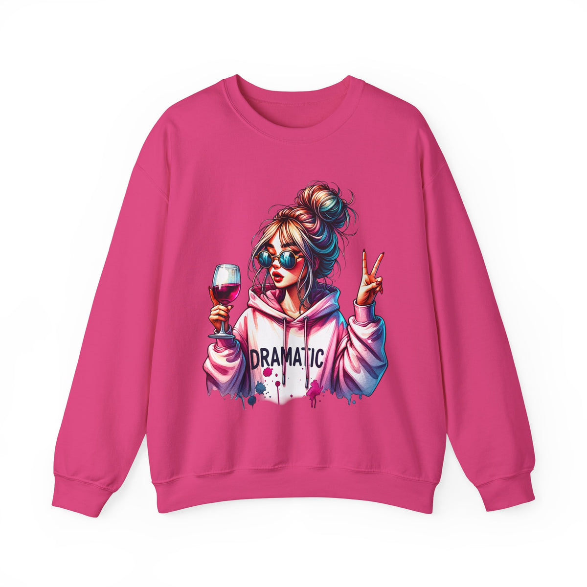 Dramatic Girl With Wine Messy Bun Peace Sign – Gildan Heavy Blend | Trendy Women’s Soft Sweatshirt. Direct to Garment. Printed & Shipped in the USA. Unisex Sizes.