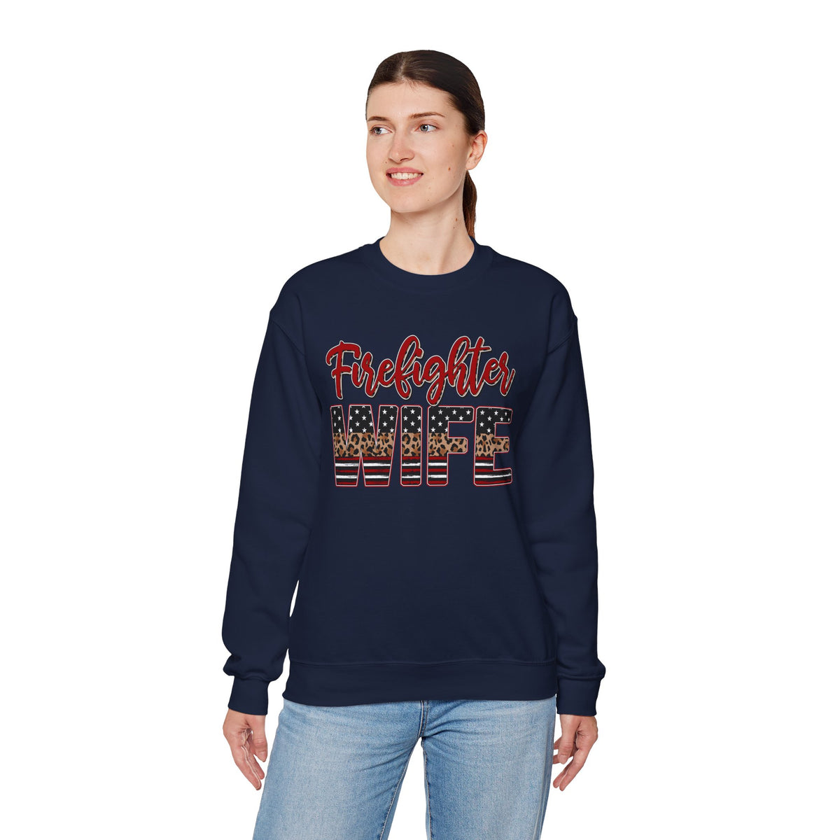 Firefighter Wife Patriotic Flag Lettering for Firefighter Spouse – Gildan Heavy Blend | Trendy Women’s Soft Sweatshirt. Direct to Garment. Printed & Shipped in the USA. Unisex Sizes.
