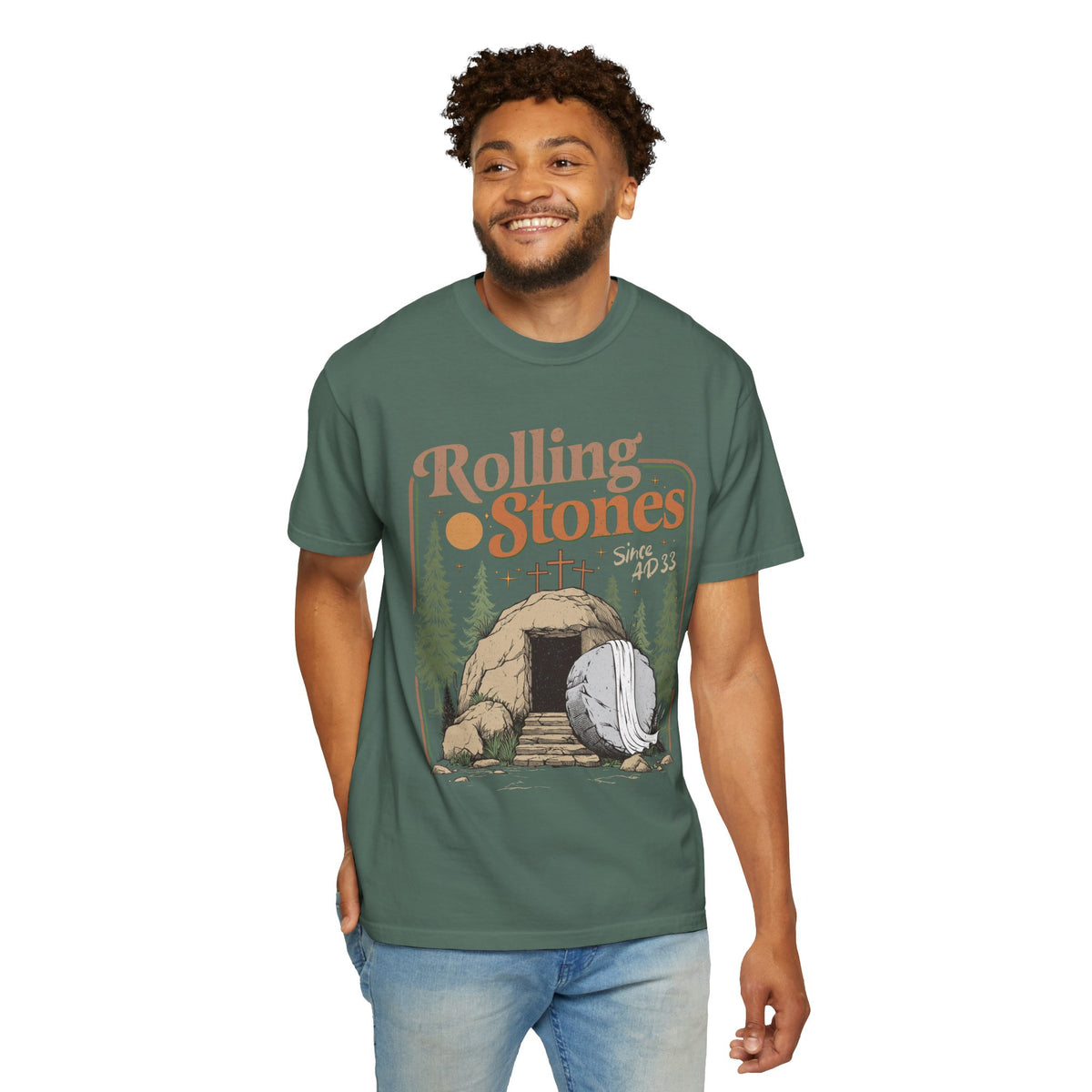 Rolling Stones "Since AD 33" Easter Empty Tomb Christian - Comfort Colors | Trendy Men's and Women's T-Shirt. Direct to Garment. Printed & Shipped in the USA. Unisex Sizes.