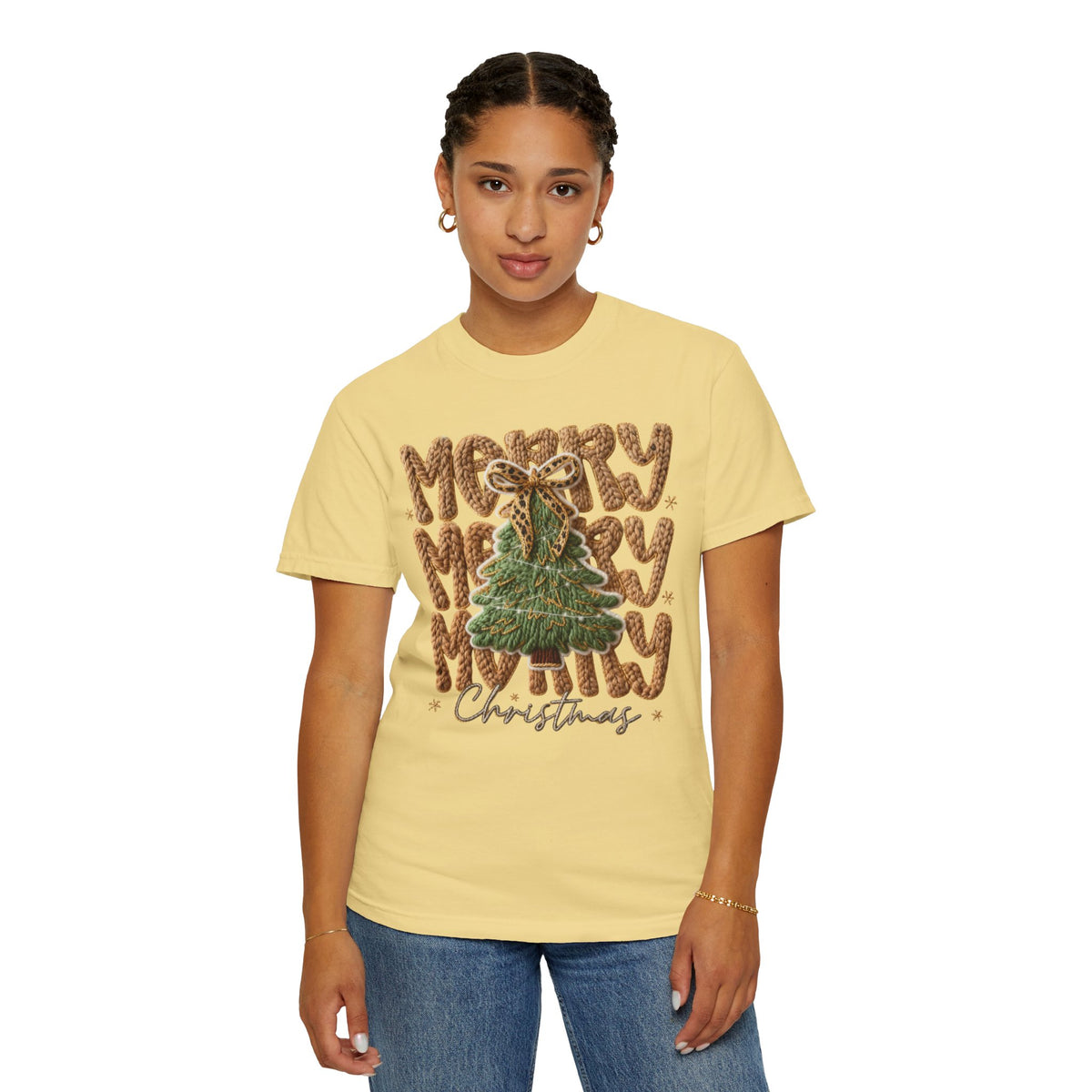 Merry Merry Merry Christmas, Faux Latch Hook Yarn - Comfort Colors | Trendy Women's T-Shirt. Direct to Garment. Printed & Shipped in the USA. Unisex Sizes.