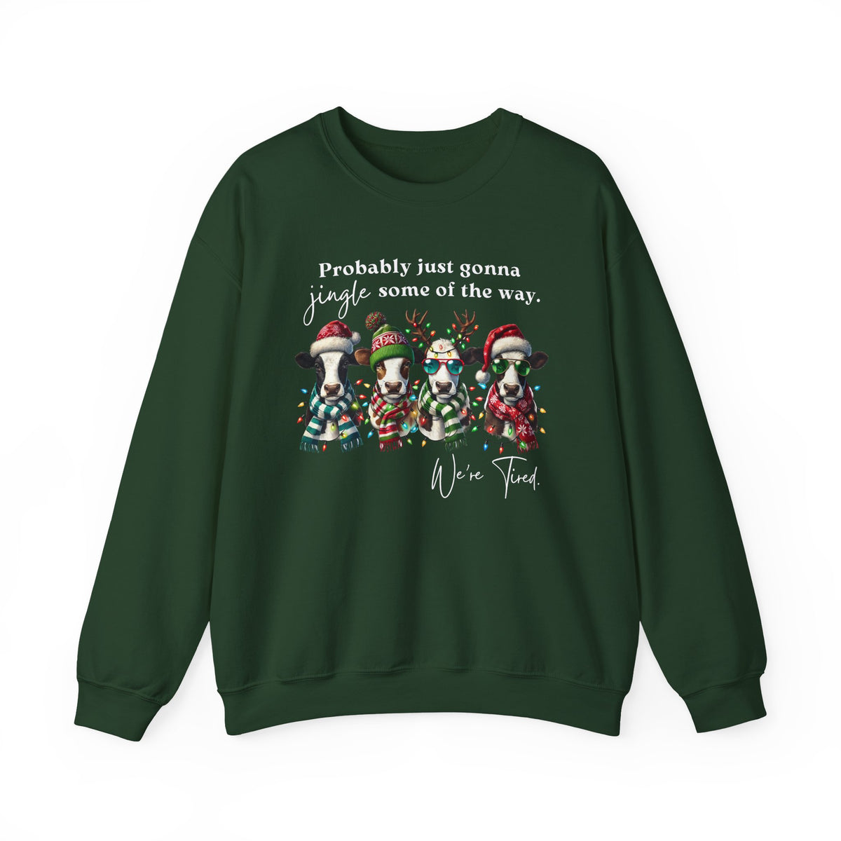 Christmas Cows - Probably Just Gonna Jingle Some Of The Way – Gildan Heavy Blend | Trendy Women’s and Men's Soft Sweatshirt. Direct to Garment. Printed & Shipped in the USA. Unisex Sizes.