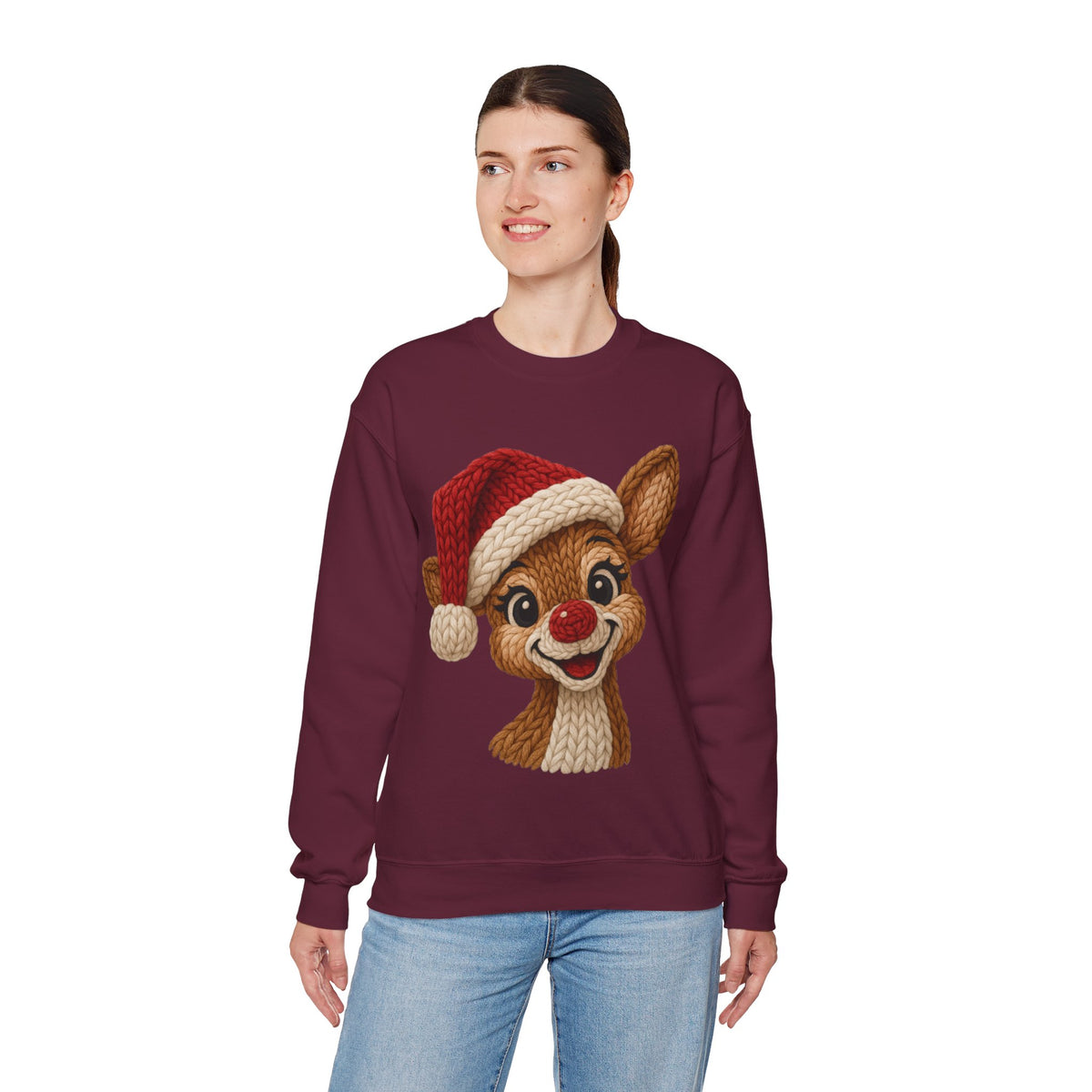 Cute Rudolph Faux Knit Look Reindeer w/Santa Hat – Gildan Heavy Blend | Trendy Women’s Soft Sweatshirt. Direct to Garment. Printed & Shipped in the USA. Unisex Sizes.