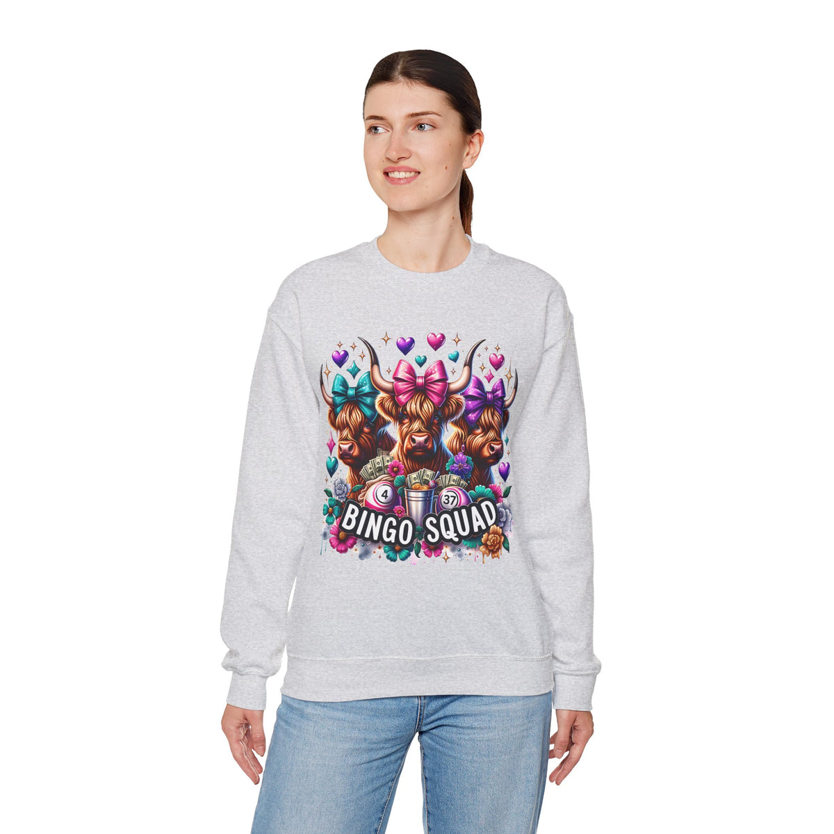 Cute Highland Cows Bingo Squad – Gildan Heavy Blend | Trendy Women’s Soft Sweatshirt. Direct to Garment. Printed & Shipped in the USA. Unisex Sizes.