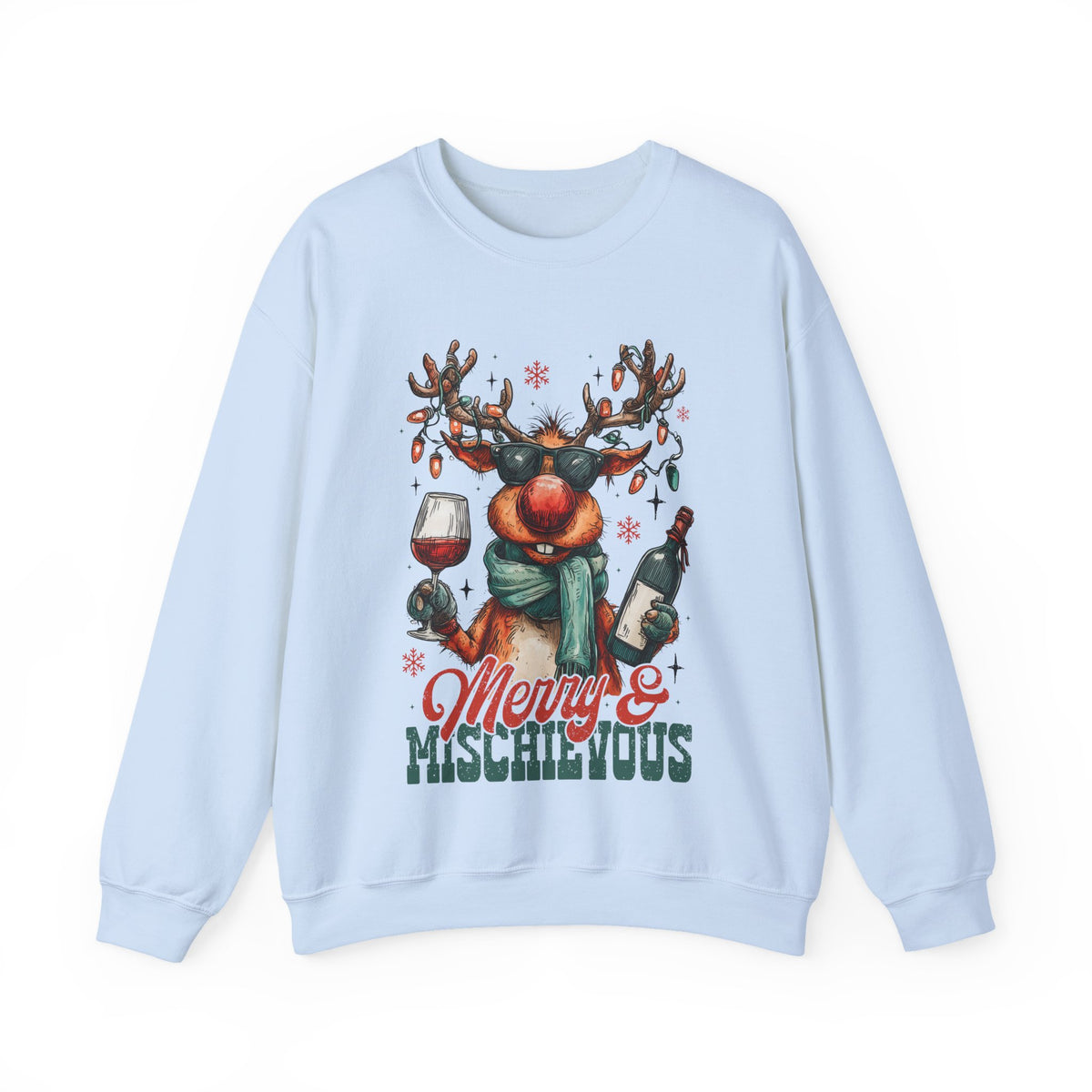 Merry & Mischievous Reindeer – Gildan Heavy Blend | Trendy Women’s and Men's Soft Sweatshirt. Direct to Garment. Printed & Shipped in the USA. Unisex Sizes.