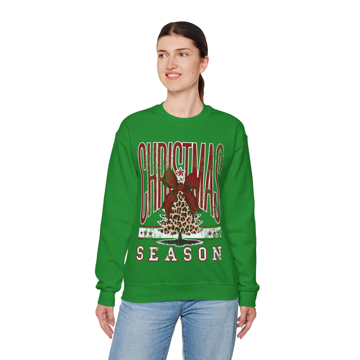 Christmas Season Leopard Tree Distressed – Gildan Heavy Blend | Trendy Women’s Soft Sweatshirt. Direct to Garment. Printed & Shipped in the USA. Unisex Sizes.