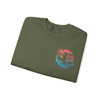 Sun Salt Sand, Beach Sunset - Front & Back Print – Gildan Heavy Blend | Trendy Women’s and Men's Soft Sweatshirt. Direct to Garment. Printed & Shipped in the USA. Unisex Sizes.