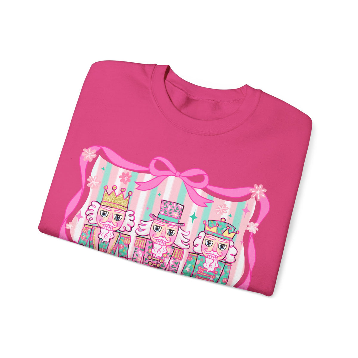 Coquette Pastel Christmas Nutcracker Trio Pink and Green – Gildan Heavy Blend | Trendy Women’s Soft Sweatshirt. Direct to Garment. Printed & Shipped in the USA. Unisex Sizes.