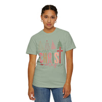 Merry ChrisTmas Christian Faith Graphic - Comfort Colors | Trendy Women's T-Shirt. Direct to Garment. Printed & Shipped in the USA. Unisex Sizes.