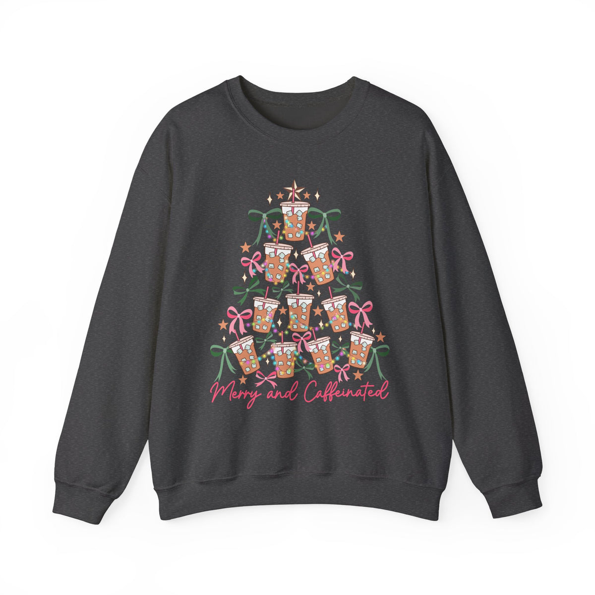 Merry and Caffeinated Iced Coffee Christmas Tree – Gildan Heavy Blend | Trendy Women’s Soft Sweatshirt. Direct to Garment. Printed & Shipped in the USA. Unisex Sizes.