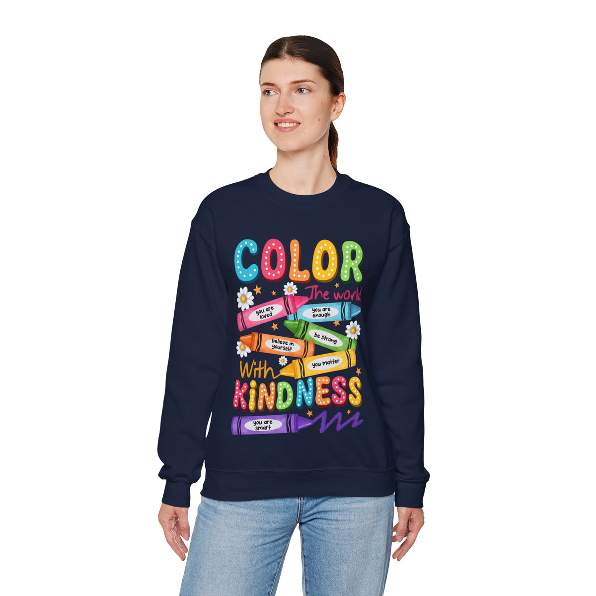 Color the World With Kindness Crayons, Great Teacher Gift – Gildan Heavy Blend | Trendy Women’s and Men's Soft Sweatshirt. Direct to Garment. Printed & Shipped in the USA. Unisex Sizes.