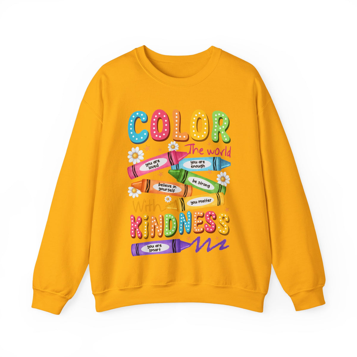 Color the World With Kindness Crayons, Great Teacher Gift – Gildan Heavy Blend | Trendy Women’s and Men's Soft Sweatshirt. Direct to Garment. Printed & Shipped in the USA. Unisex Sizes.