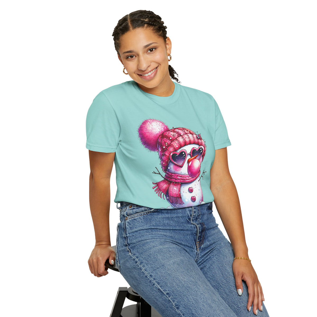 Pink Girly Snowman with Heart Sunglasses and Bubblegum Winter - Comfort Colors | Trendy Women's T-Shirt. Direct to Garment. Printed & Shipped in the USA. Unisex Sizes.