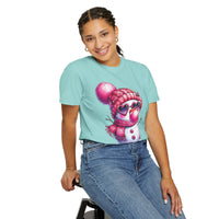 Pink Girly Snowman with Heart Sunglasses and Bubblegum Winter - Comfort Colors | Trendy Women's T-Shirt. Direct to Garment. Printed & Shipped in the USA. Unisex Sizes.