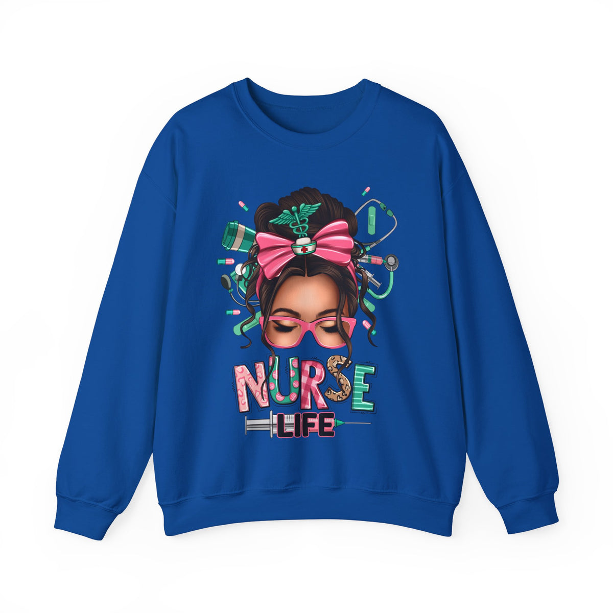 Nurse Life Messy Bun, Cute Stethoscope & Syringe – Gildan Heavy Blend | Trendy Women’s Soft Sweatshirt. Direct to Garment. Printed & Shipped in the USA. Unisex Sizes.