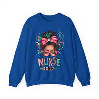 Nurse Life Messy Bun, Cute Stethoscope & Syringe – Gildan Heavy Blend | Trendy Women’s Soft Sweatshirt. Direct to Garment. Printed & Shipped in the USA. Unisex Sizes.