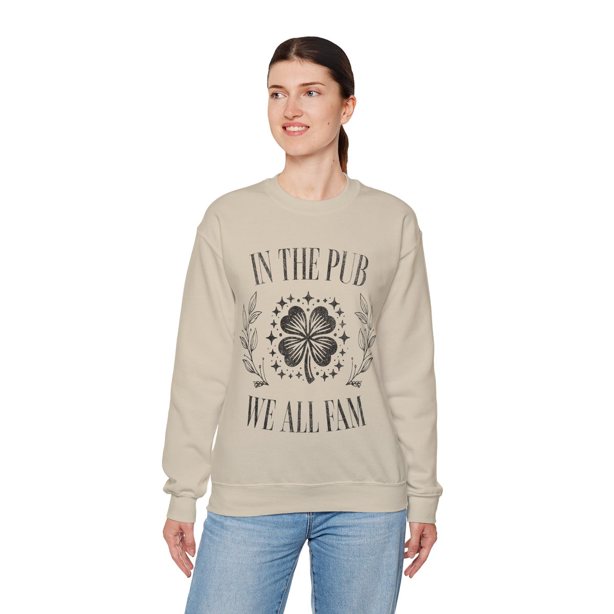 In the Pub We All Fam, Vintage – Gildan Heavy Blend | Trendy Women’s and Men's Soft Sweatshirt. Direct to Garment. Printed & Shipped in the USA. Unisex Sizes.