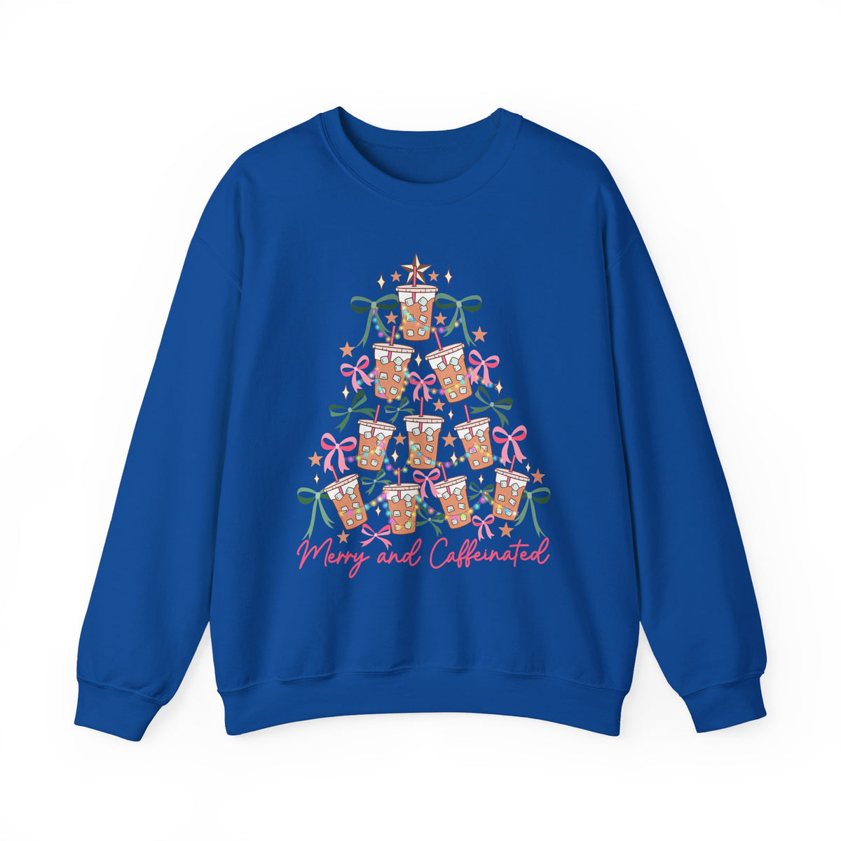 Merry and Caffeinated Iced Coffee Christmas Tree – Gildan Heavy Blend | Trendy Women’s Soft Sweatshirt. Direct to Garment. Printed & Shipped in the USA. Unisex Sizes.