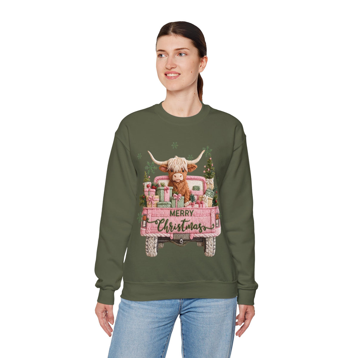 Highland Cow in Pink Truck Merry Christmas Holiday Farmhouse – Gildan Heavy Blend | Trendy Women’s Soft Sweatshirt. Direct to Garment. Printed & Shipped in the USA. Unisex Sizes.