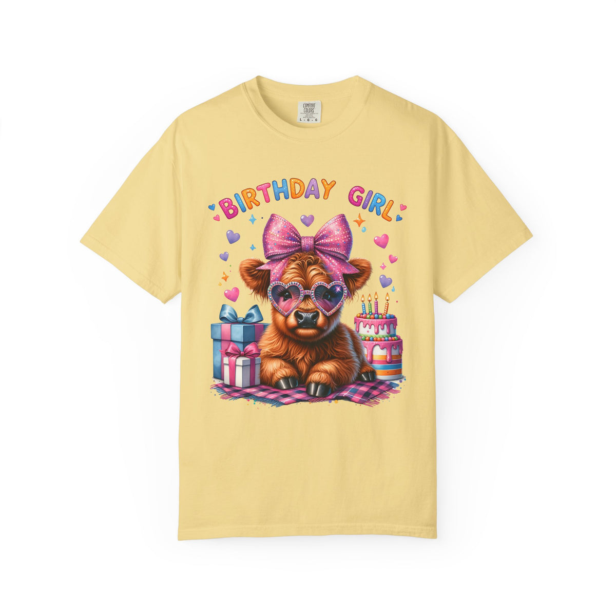 Birthday Girl, Highland Cow - Comfort Colors | Trendy Women's T-Shirt. Direct to Garment. Printed & Shipped in the USA. Unisex Sizes.