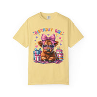 Birthday Girl, Highland Cow - Comfort Colors | Trendy Women's T-Shirt. Direct to Garment. Printed & Shipped in the USA. Unisex Sizes.