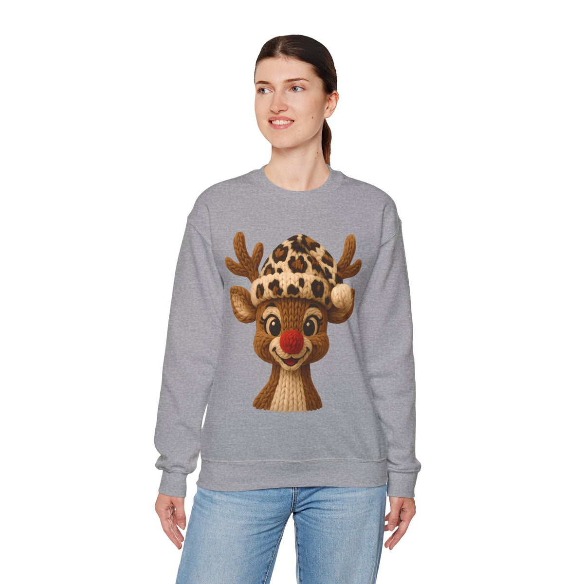 Rudolph Reindeer Leopard Santa Hat Christmas – Gildan Heavy Blend | Trendy Women’s Soft Sweatshirt. Direct to Garment. Printed & Shipped in the USA. Unisex Sizes.
