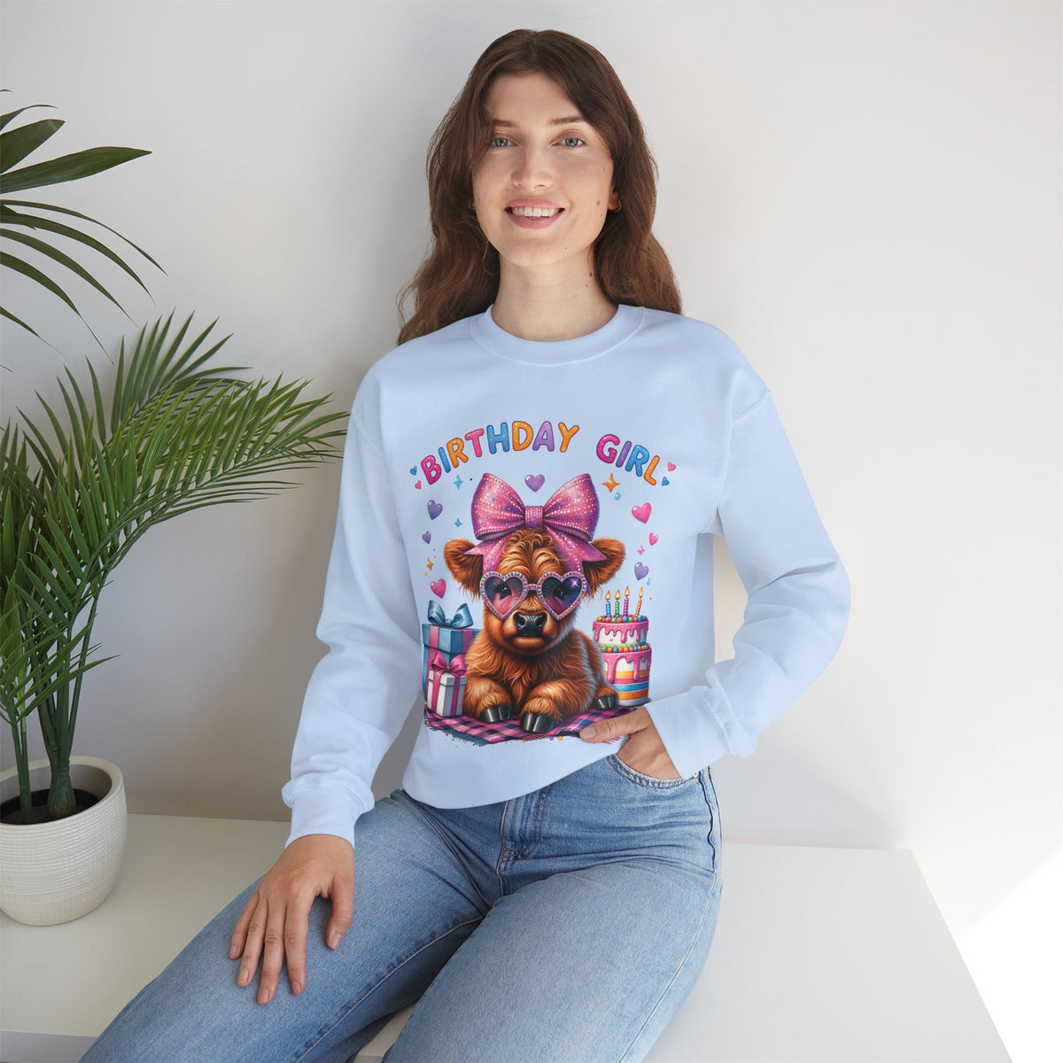 Birthday Girl, Highland Cow – Gildan Heavy Blend | Trendy Women’s Soft Sweatshirt. Direct to Garment. Printed & Shipped in the USA. Unisex Sizes.
