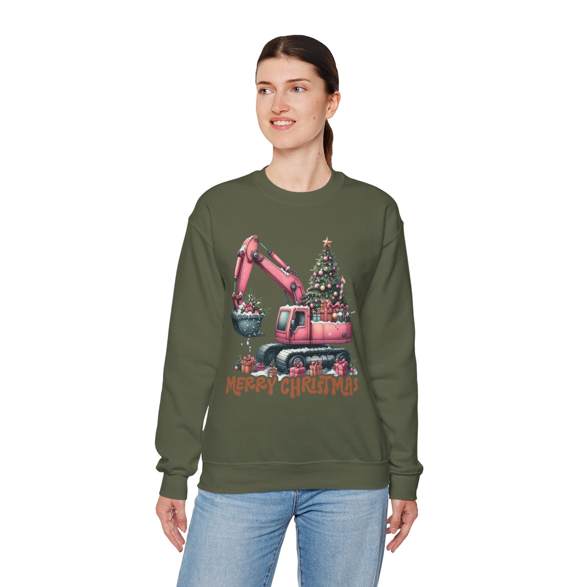 Excavator Merry Christmas Construction – Gildan Heavy Blend | Trendy Women’s Soft Sweatshirt. Direct to Garment. Printed & Shipped in the USA. Unisex Sizes.