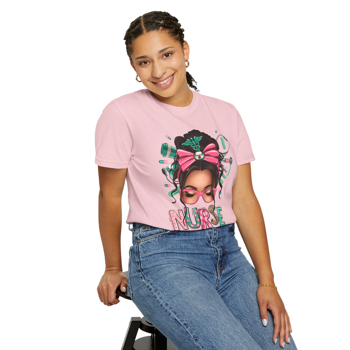 Nurse Life Messy Bun, Cute Stethoscope & Syringe - Comfort Colors | Trendy Women's T-Shirt. Direct to Garment. Printed & Shipped in the USA. Unisex Sizes.