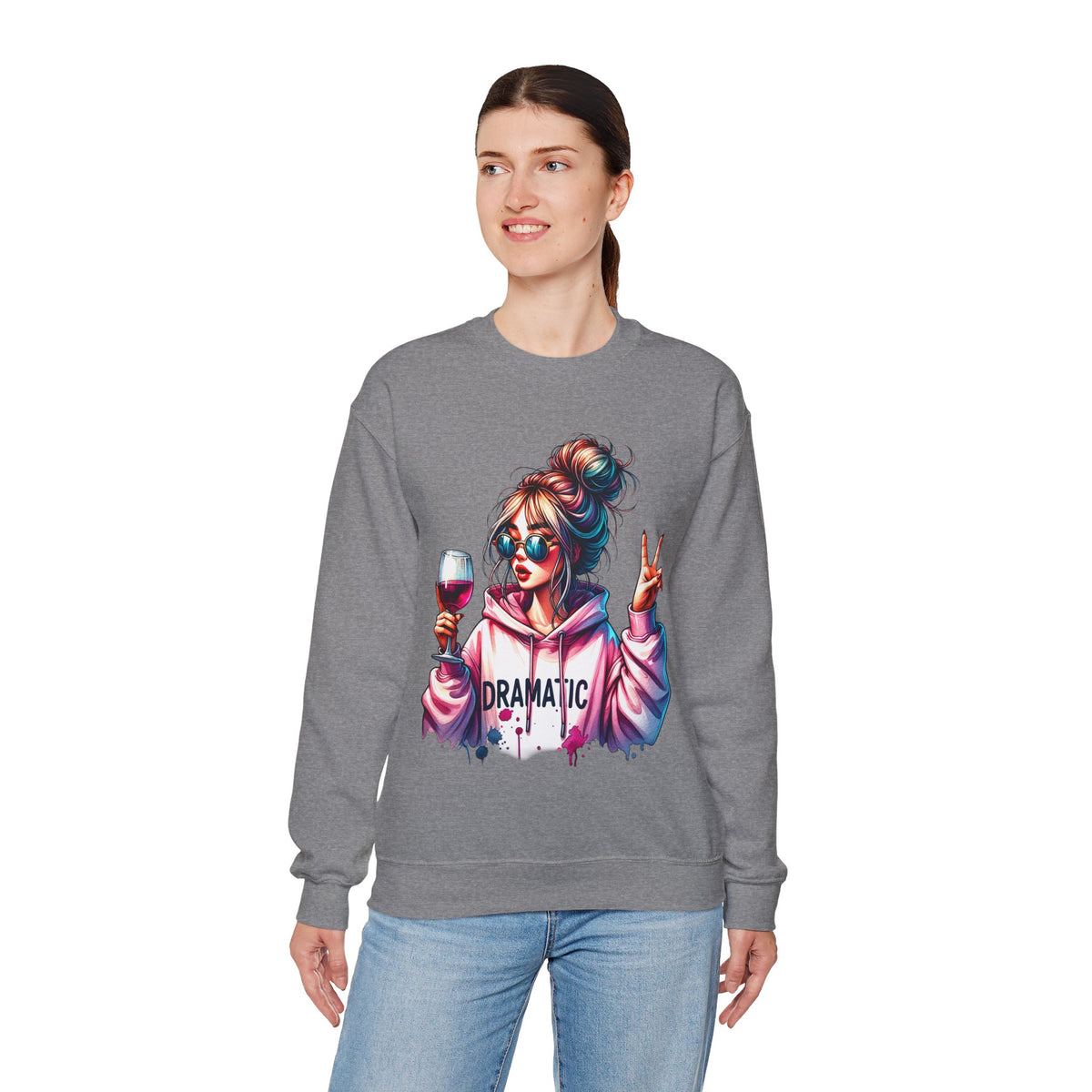 Dramatic Girl With Wine Messy Bun Peace Sign – Gildan Heavy Blend | Trendy Women’s Soft Sweatshirt. Direct to Garment. Printed & Shipped in the USA. Unisex Sizes.