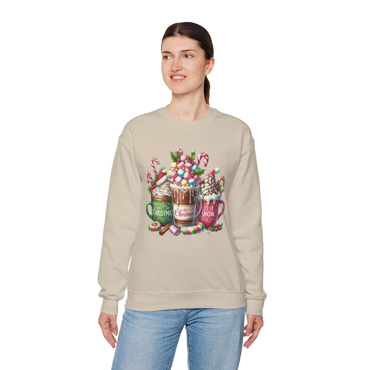 Hot Chocolate Mugs Christmas Hot Cocoa – Gildan Heavy Blend | Trendy Women’s Soft Sweatshirt. Direct to Garment. Printed & Shipped in the USA. Unisex Sizes.